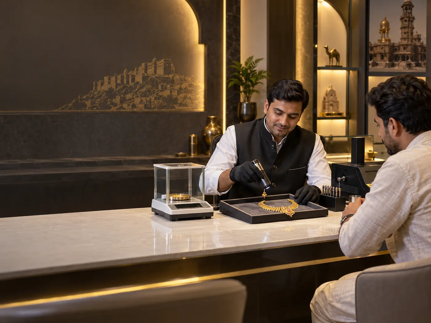 Purity testing being done on customer's gold jewellery at Majestic Gold, Jodhpur