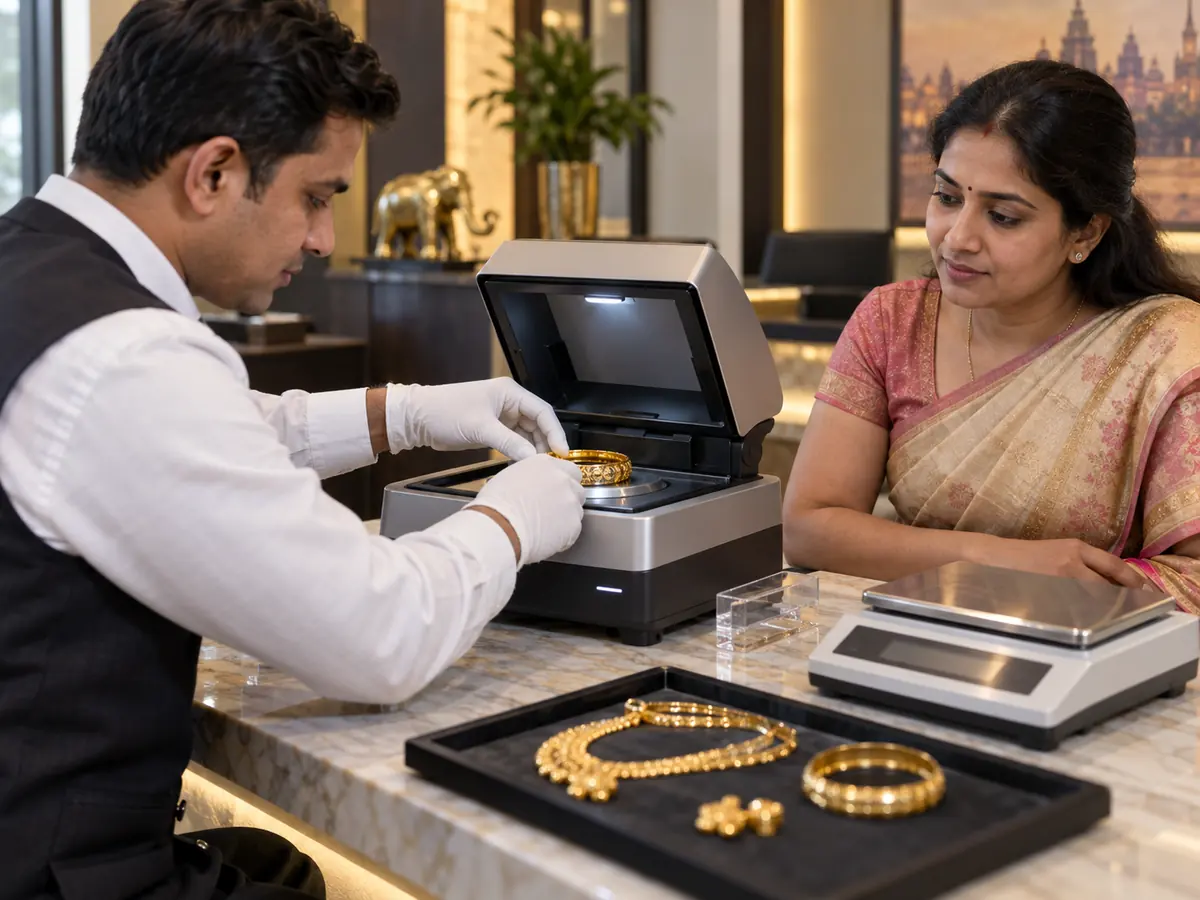 Digital purity testing machine used to check gold purity at Majestic Gold, Jodhpur